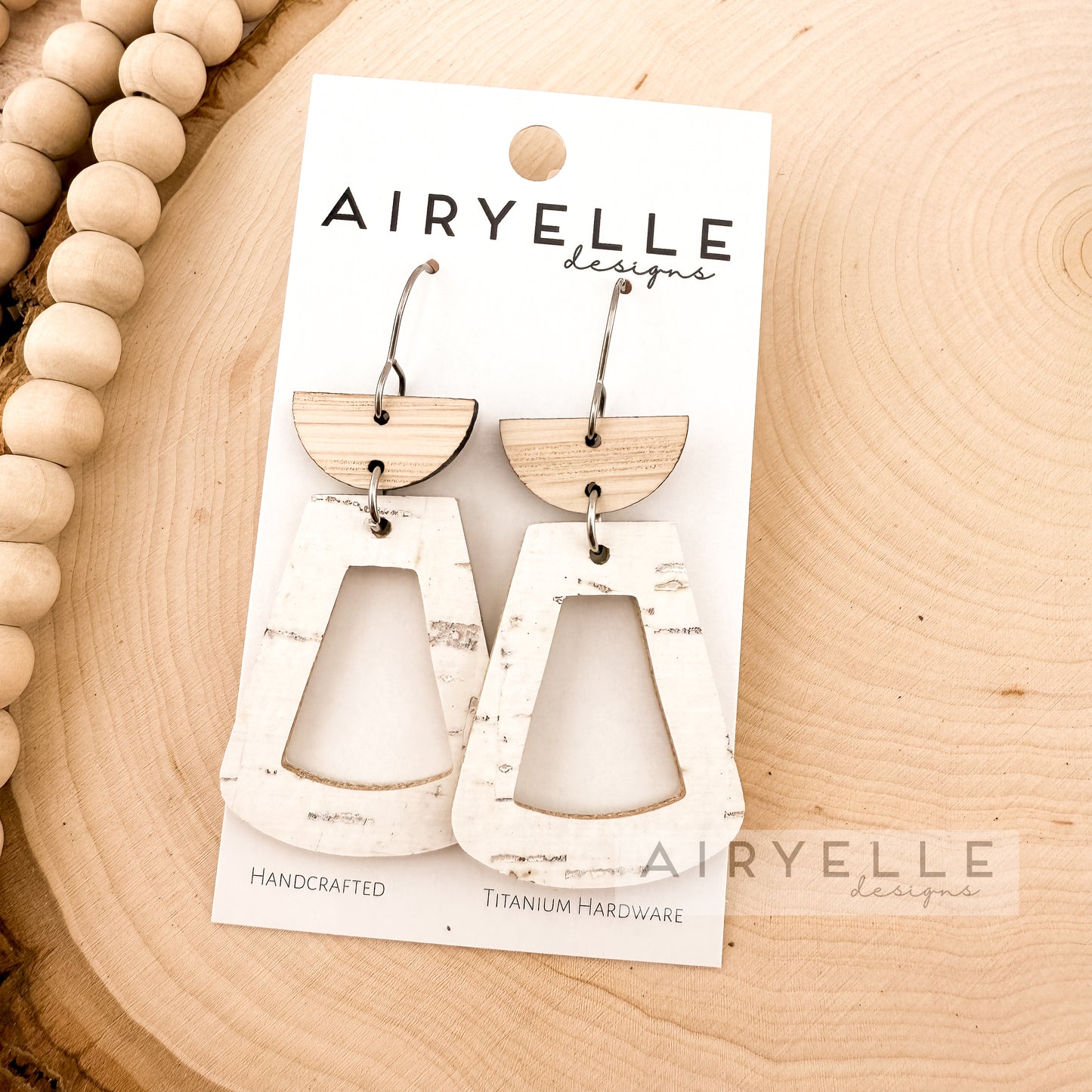 Birch White Cork Leather + Wood Trapezoid Earrings