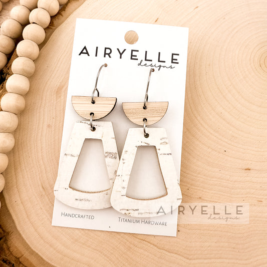 Birch White Cork Leather + Wood Trapezoid Earrings