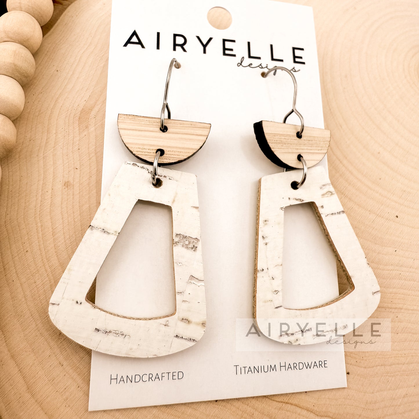Birch White Cork Leather + Wood Trapezoid Earrings