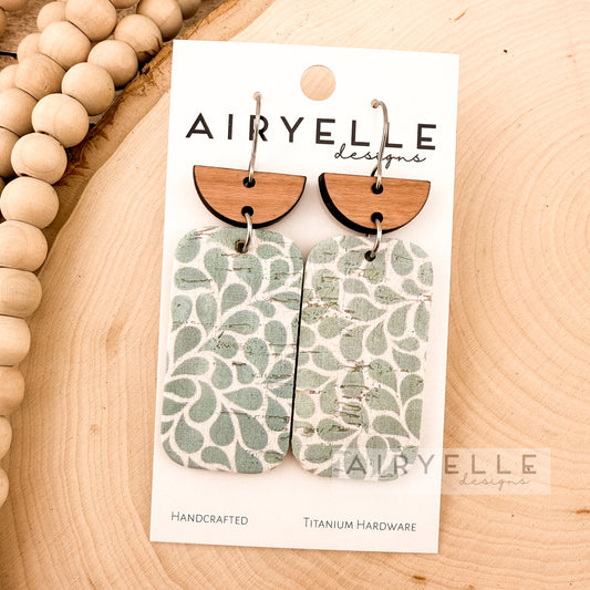 Green Leaf Drops Cork Leather + Wood Earrings