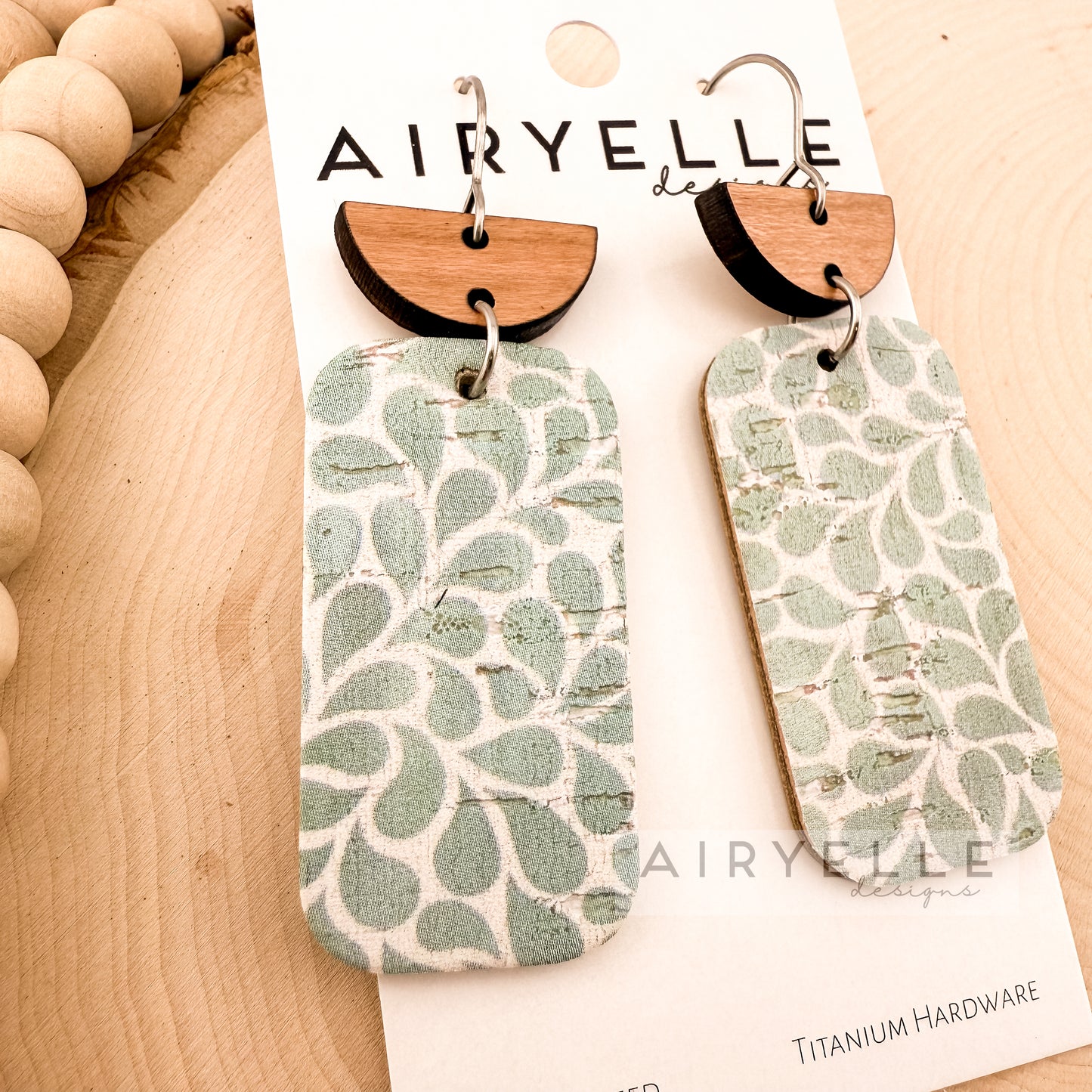 Green Leaf Drops Cork Leather + Wood Earrings