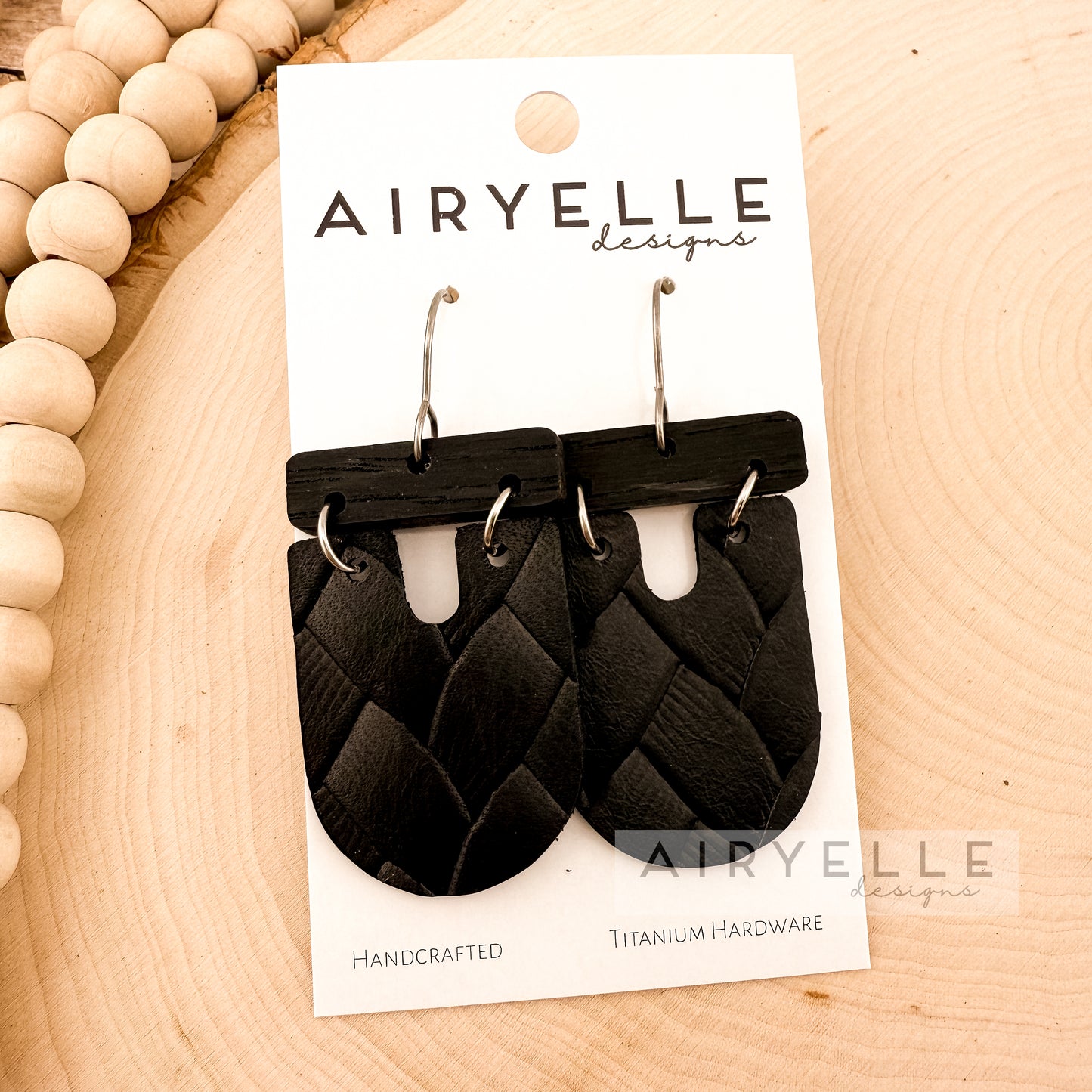 Black Weave Cowhide Leather + Wood Bar Scoop Earrings