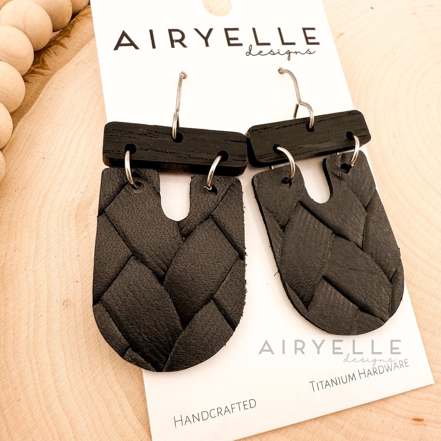 Black Weave Cowhide Leather + Wood Bar Scoop Earrings