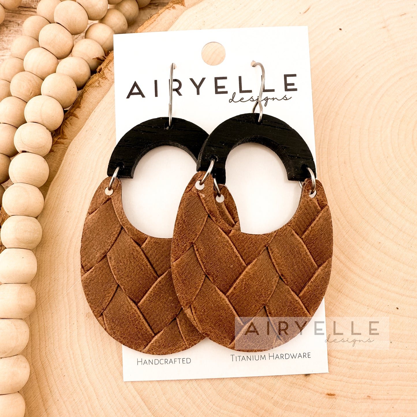 Box Braid Cowhide Leather + Black Wood Boho Scoop Earrings