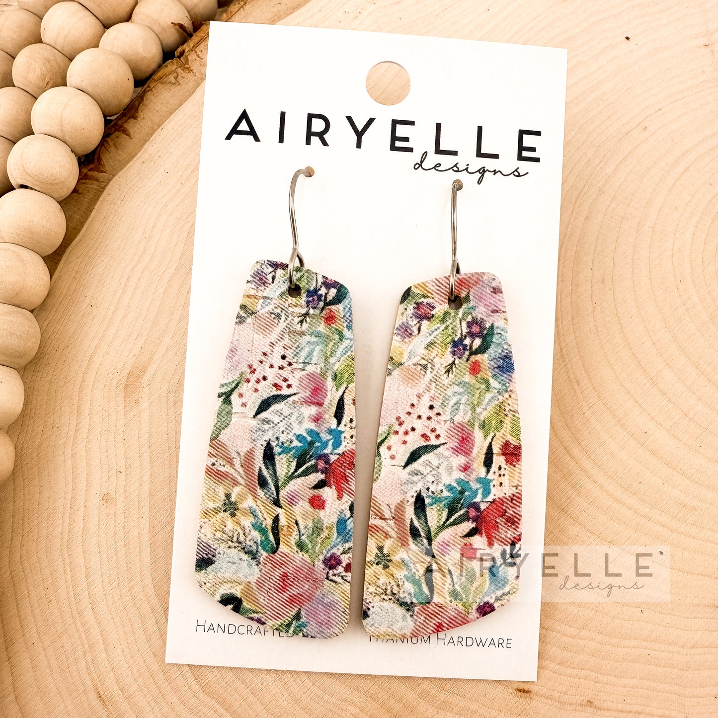 Bright Floral Cork + Leather Angled Bar Earrings