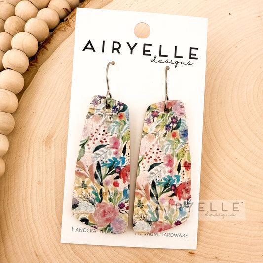 Bright Floral Cork + Leather Angled Bar Earrings
