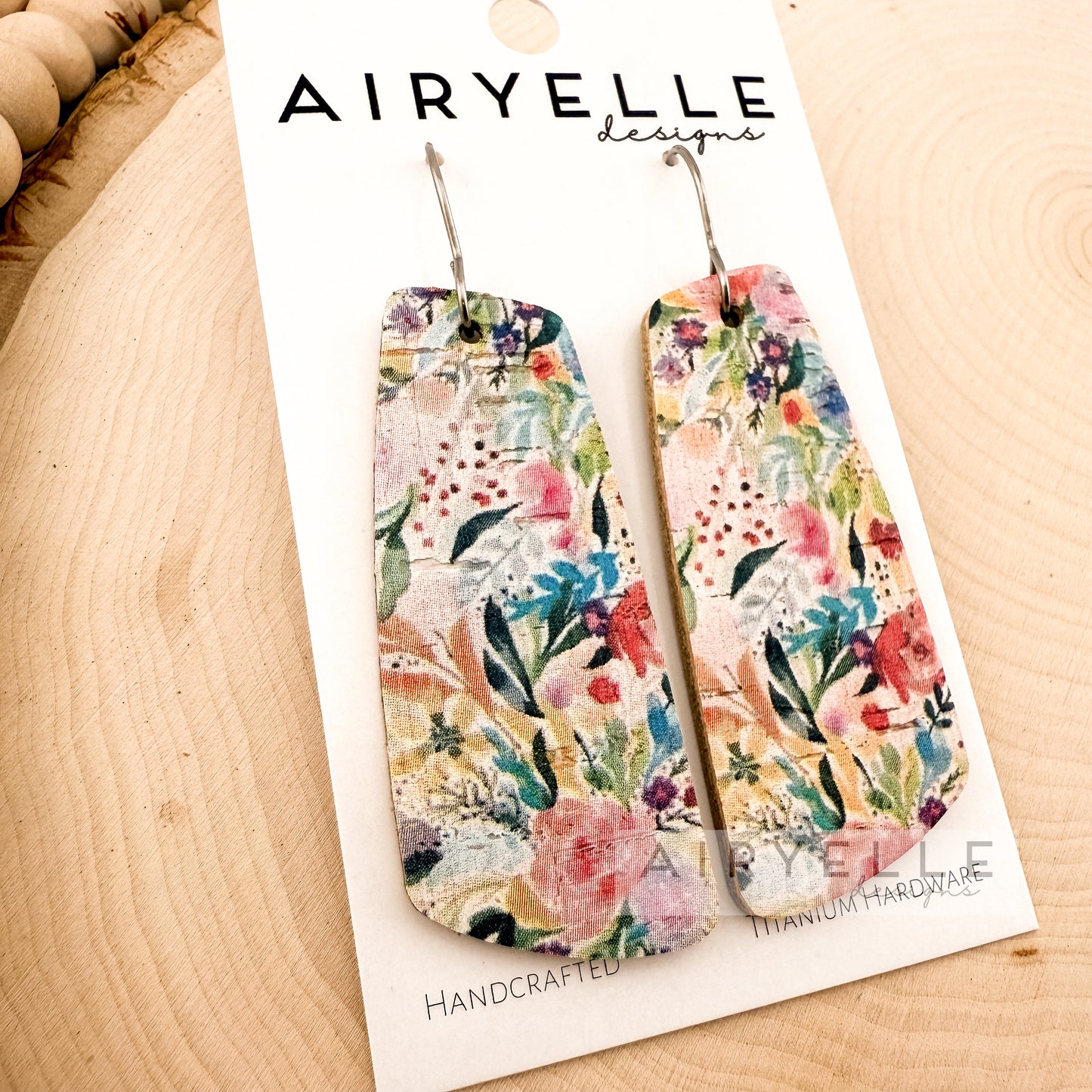 Bright Floral Cork + Leather Angled Bar Earrings