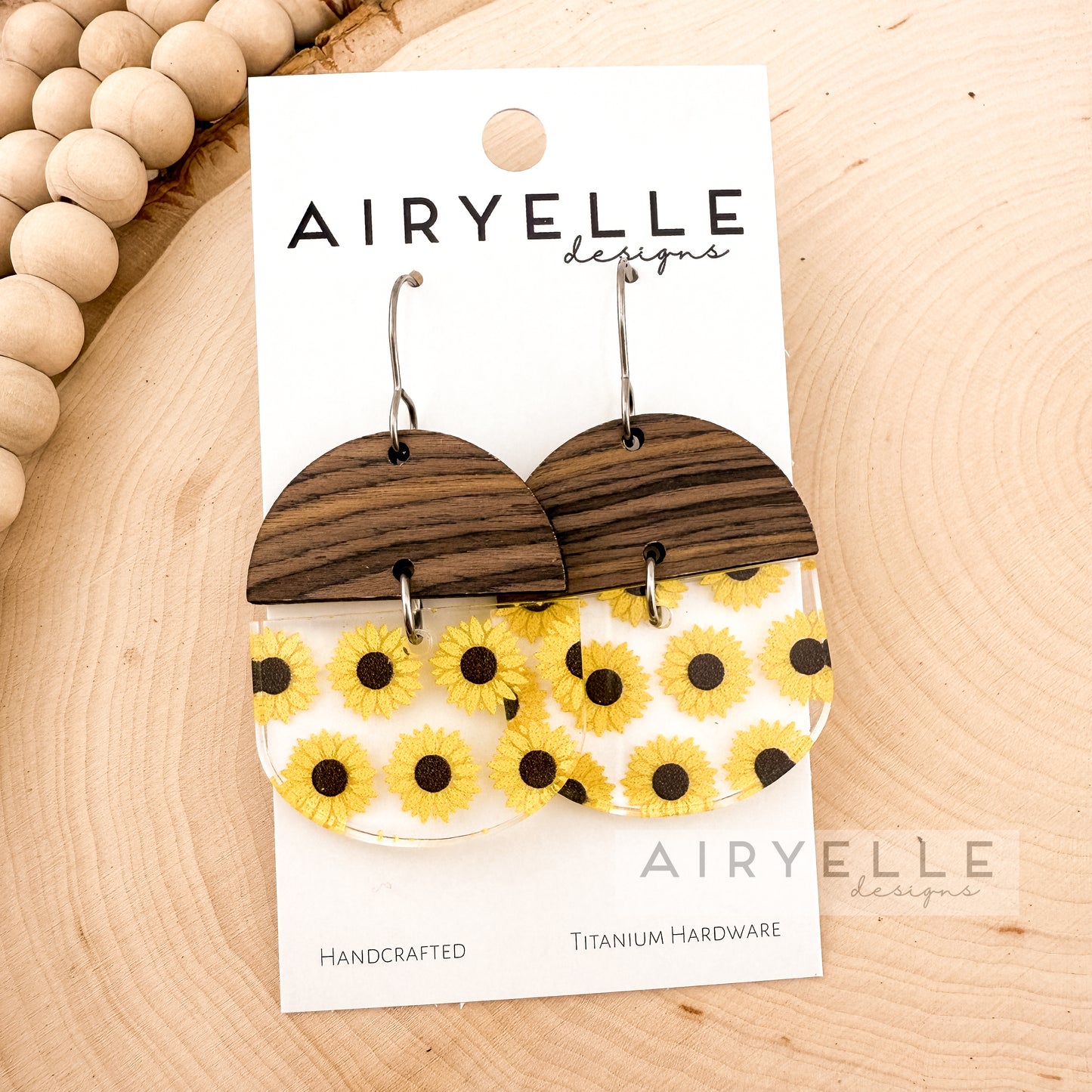 Clear Acrylic Sunflower + Wood Eclipse Earrings