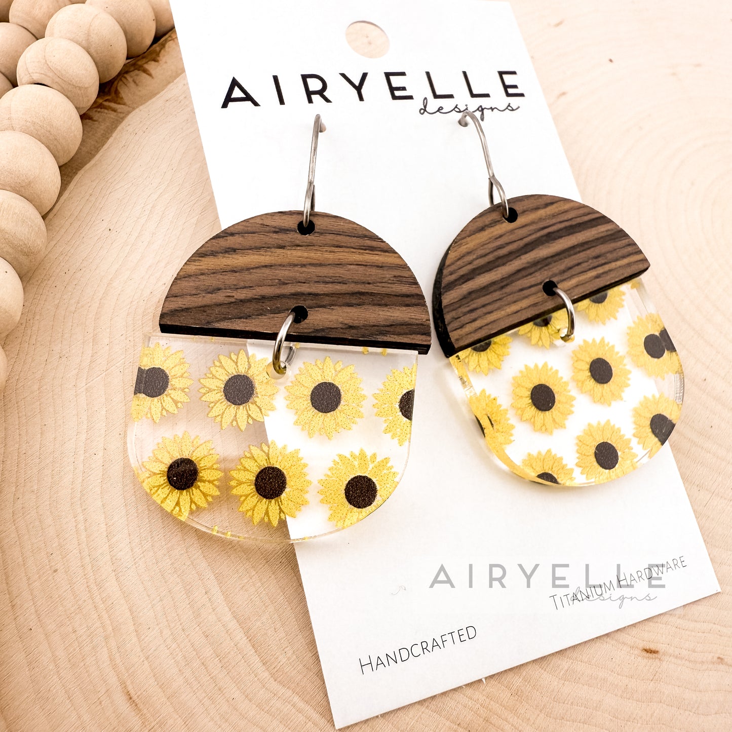 Clear Acrylic Sunflower + Wood Eclipse Earrings