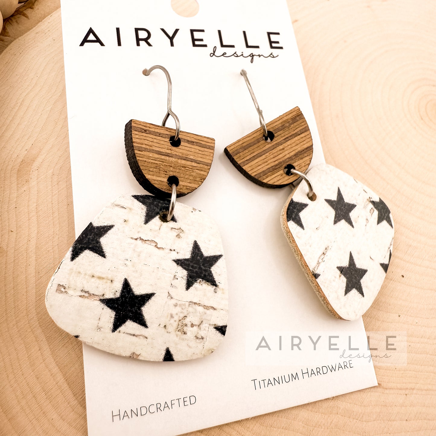 Black Star Cork + Leather Wood Earrings