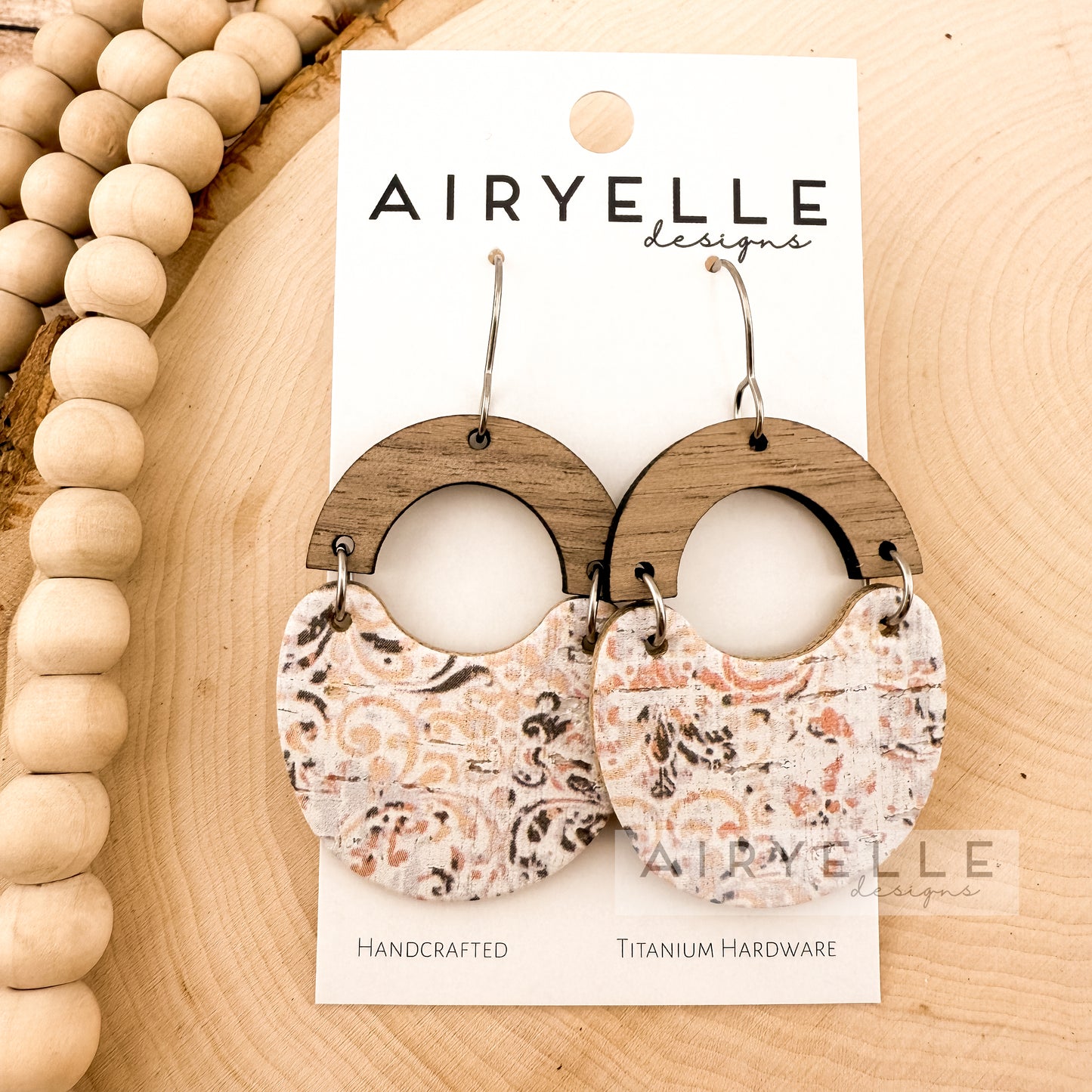 Antique Damask Wood Arch Cork + Leather Scoop Earrings