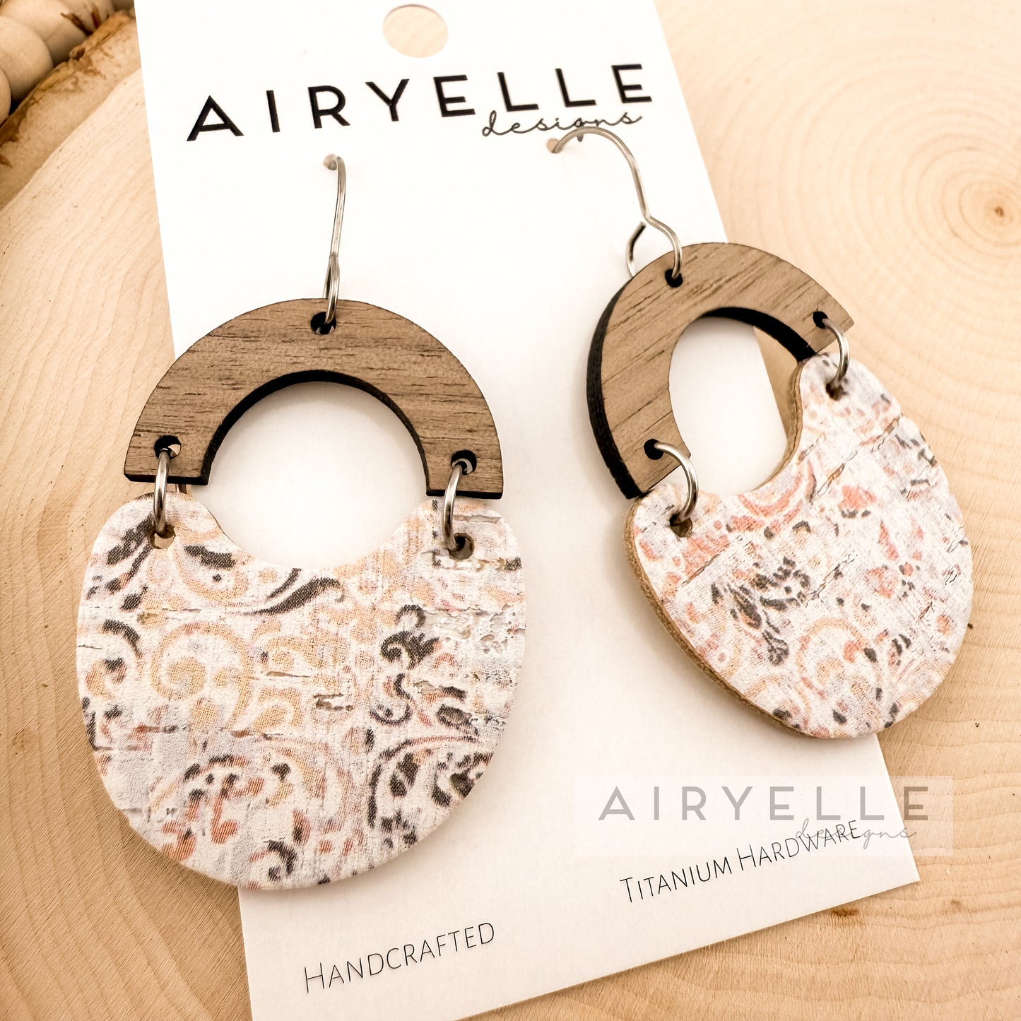 Antique Damask Wood Arch Cork + Leather Scoop Earrings