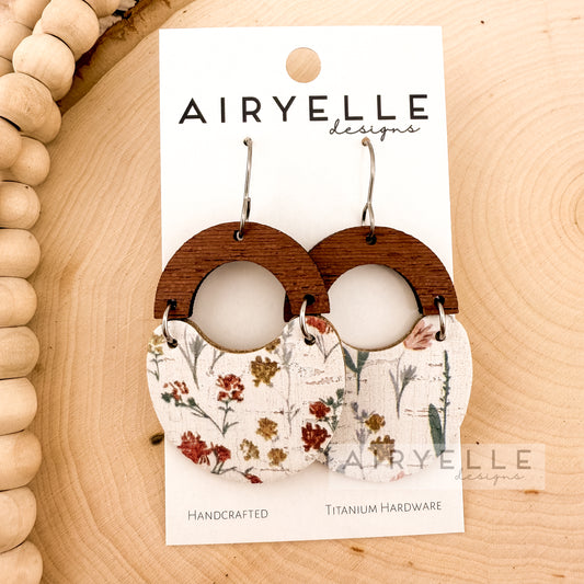 Cottage Flower Cork + Leather Wood Scoop Earrings