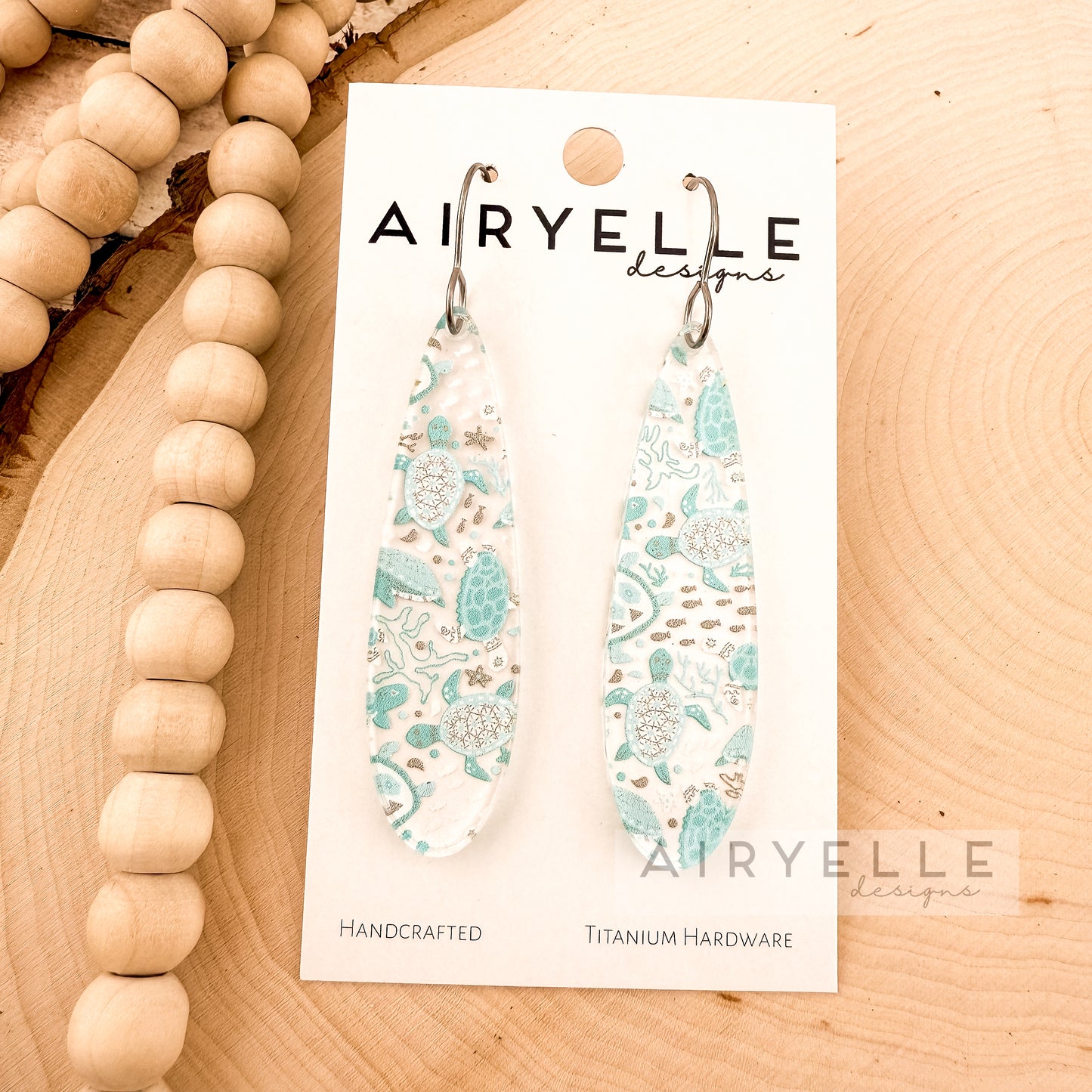 Aqua Sea Turtle Clear Acrylic Teardrop Bar Earrings