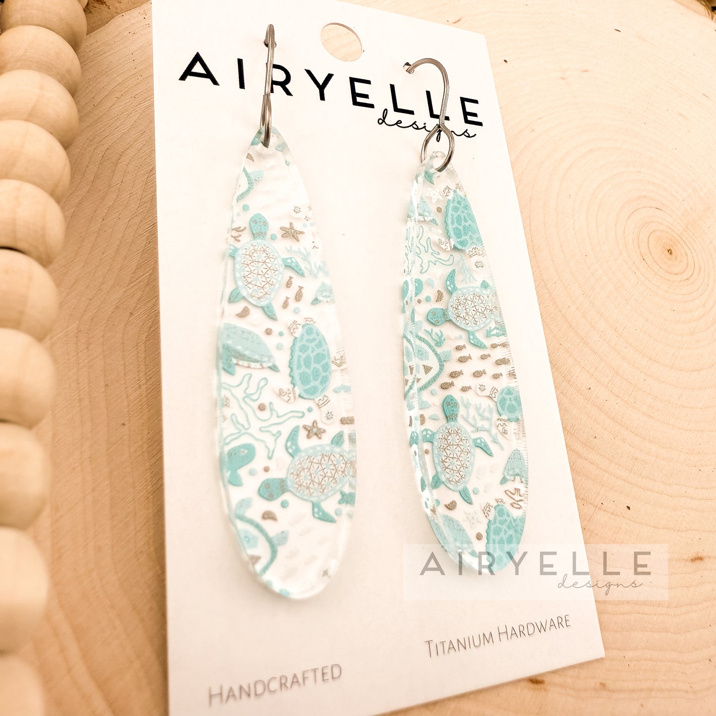 Aqua Sea Turtle Clear Acrylic Teardrop Bar Earrings