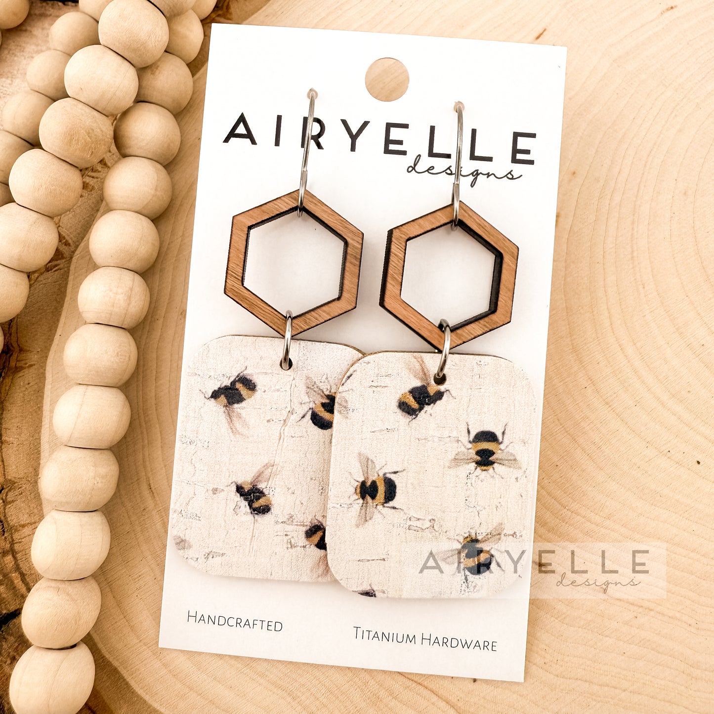 Bumblebee Square Cork + Leather Wood Earrings