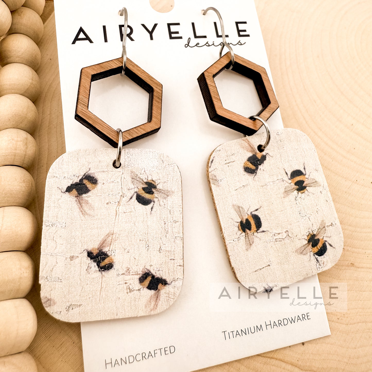 Bumblebee Square Cork + Leather Wood Earrings