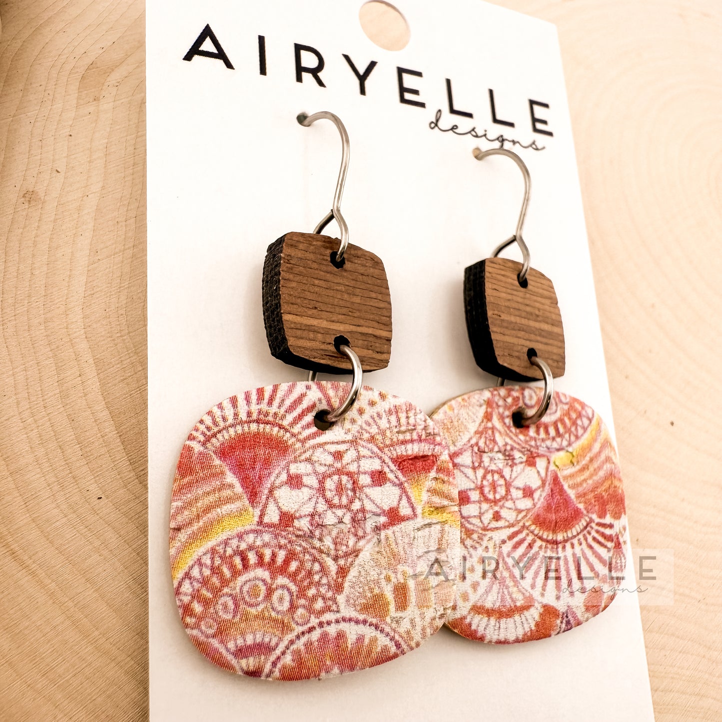 Citrus Sunrise Square Cork + Leather Wood Earrings