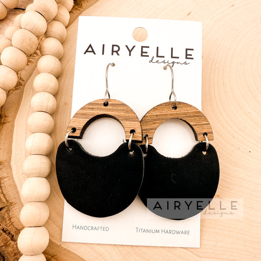 Jet Black Cowhide Leather + Wood Scoop Earrings