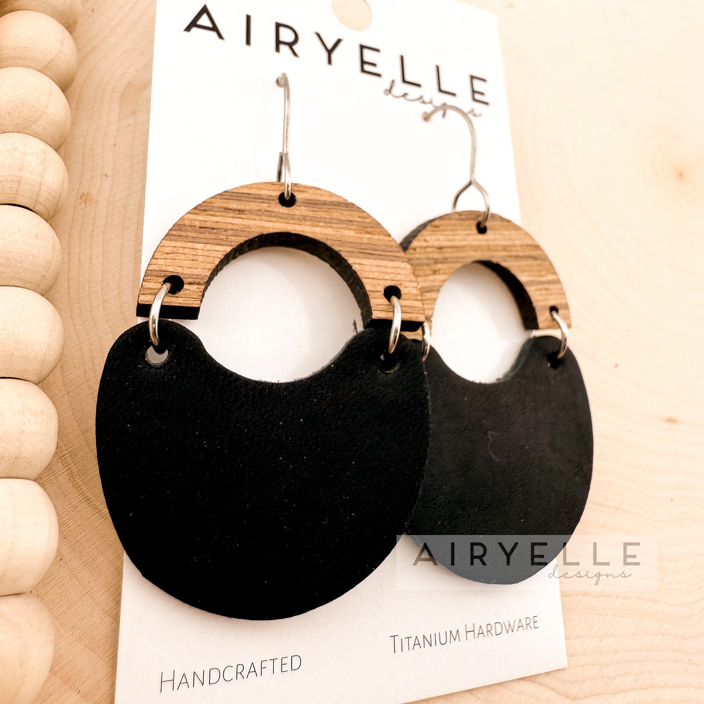 Jet Black Cowhide Leather + Wood Scoop Earrings
