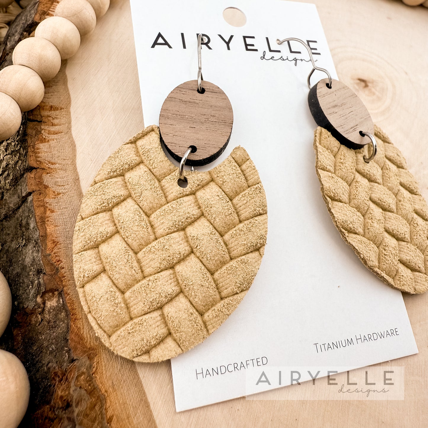 Tan Box Braid Embossed Leather Scoop Earrings - Titanium for Sensitive Ears