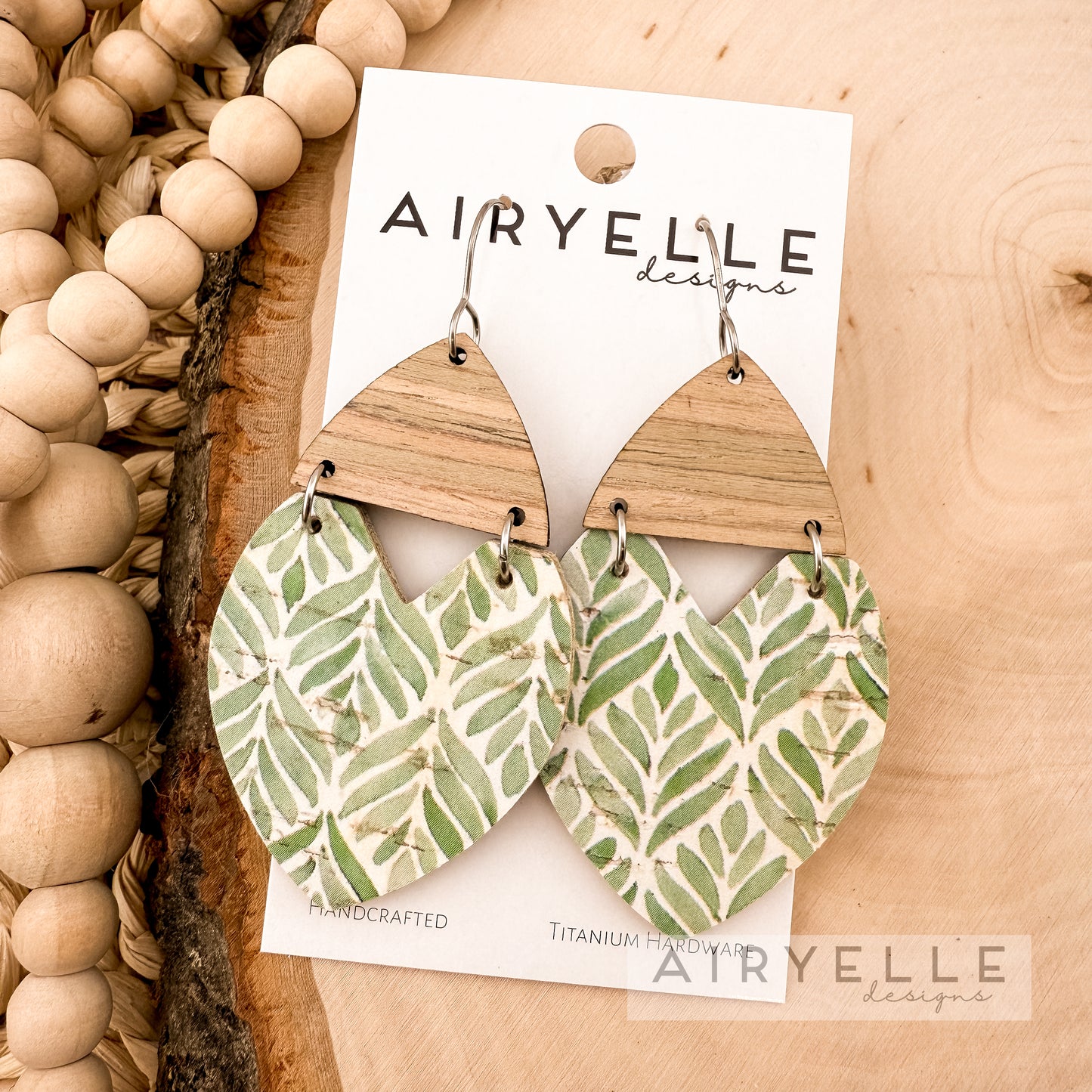 Rain Kissed Leaves Triangle Cork + Leather Wood Earrings