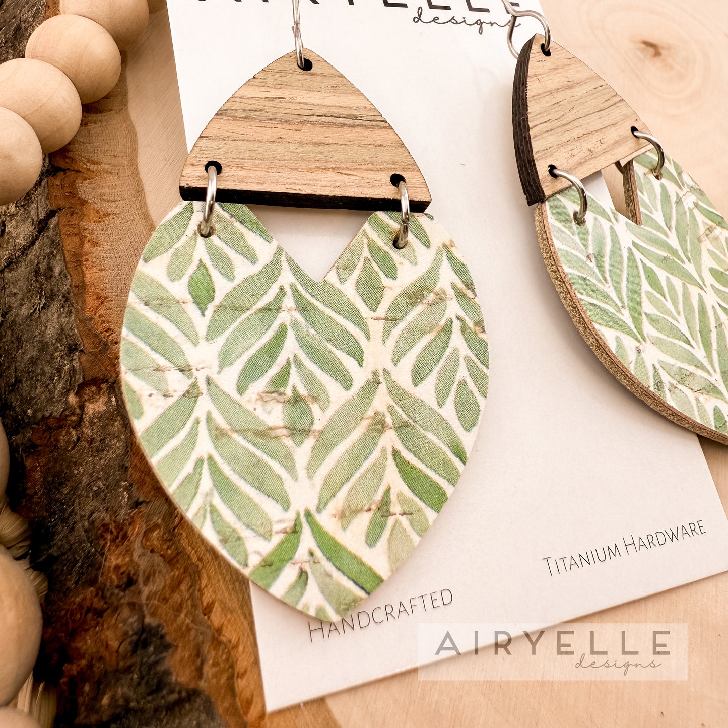 Rain Kissed Leaves Triangle Cork + Leather Wood Earrings