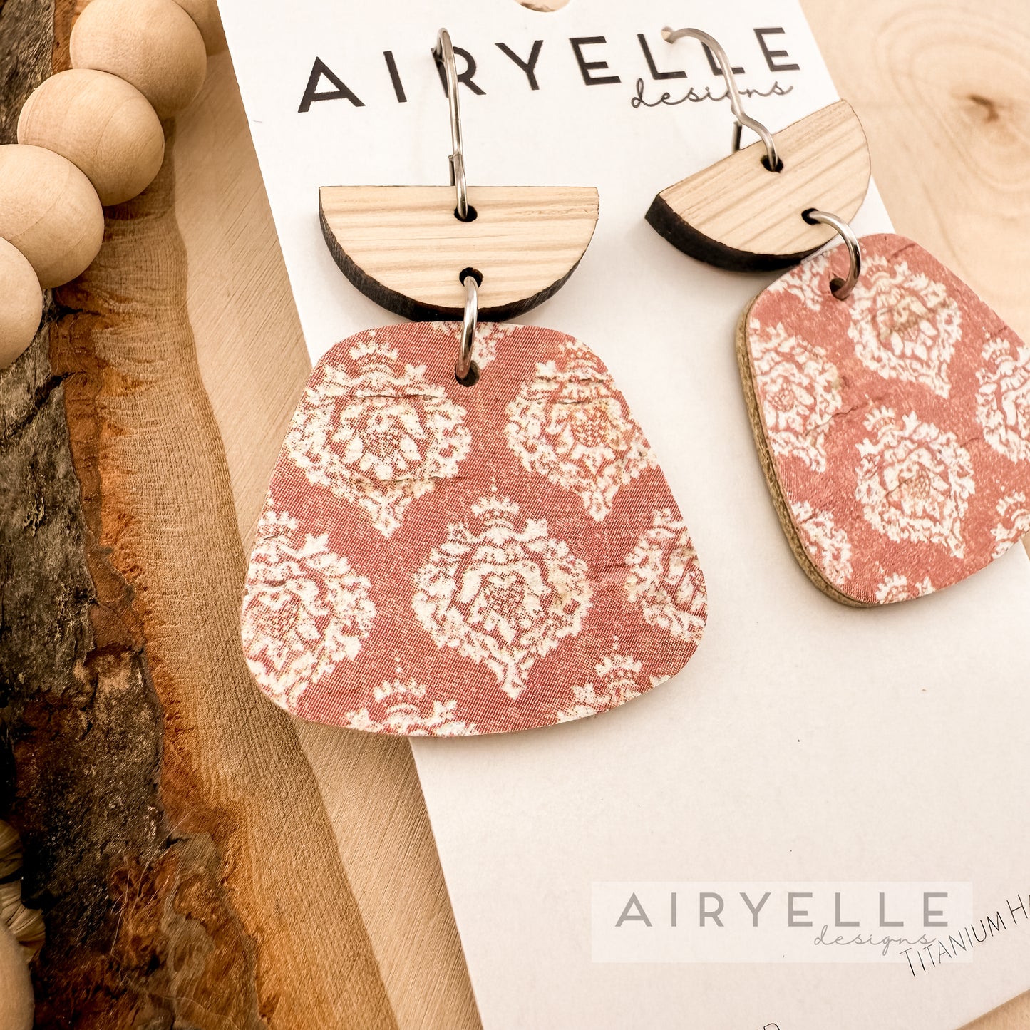Savannah Lace Cork Leather + Wood Mini Trapezoid Earrings