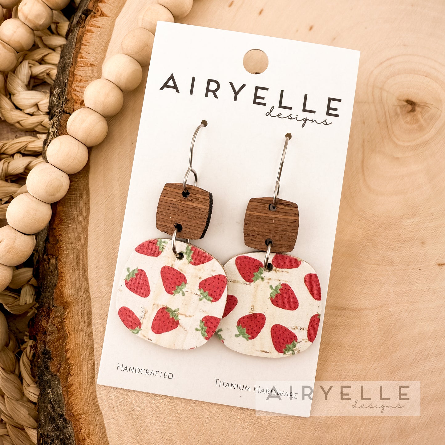 Strawberry Square Cork + Leather Wood Earrings