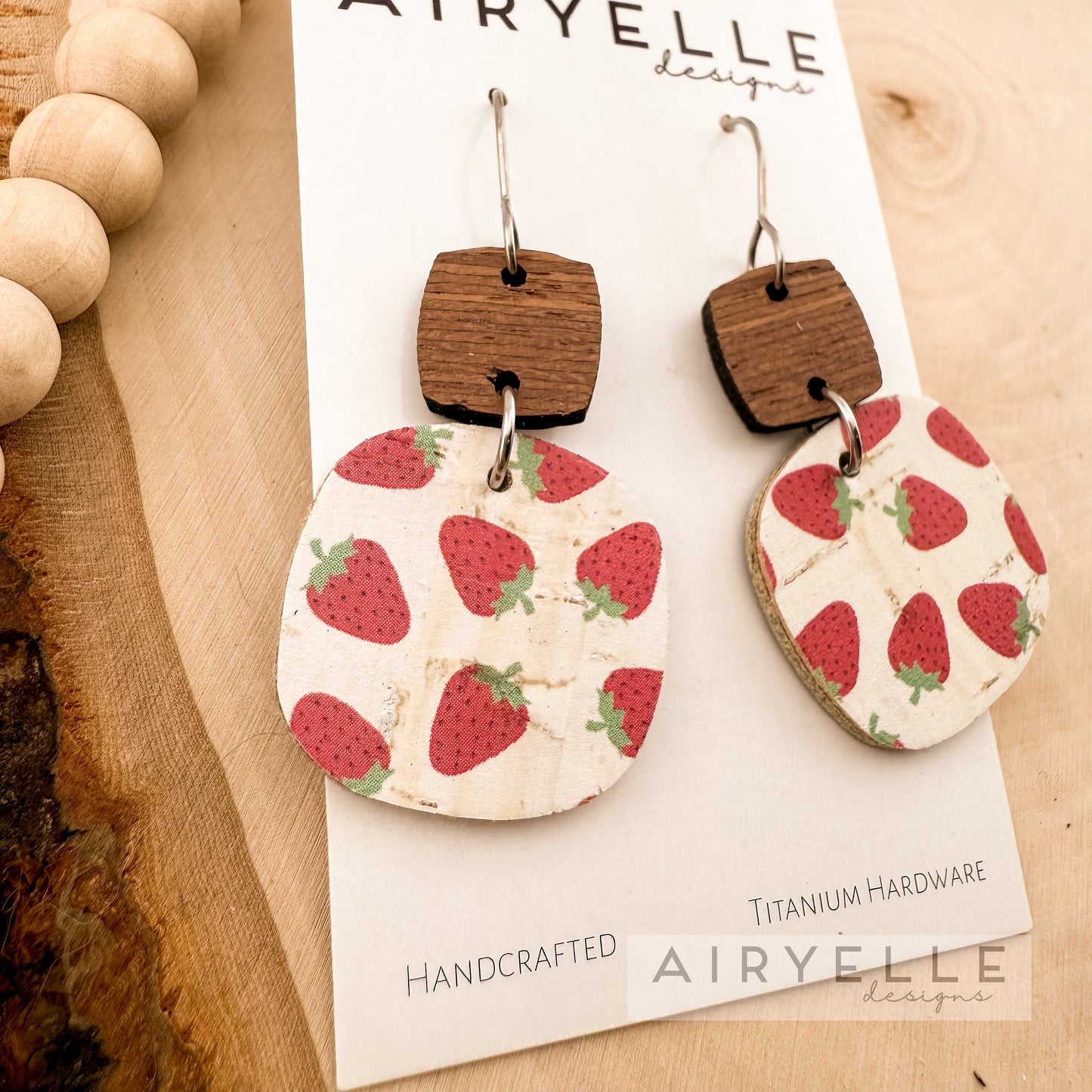 Strawberry Square Cork + Leather Wood Earrings