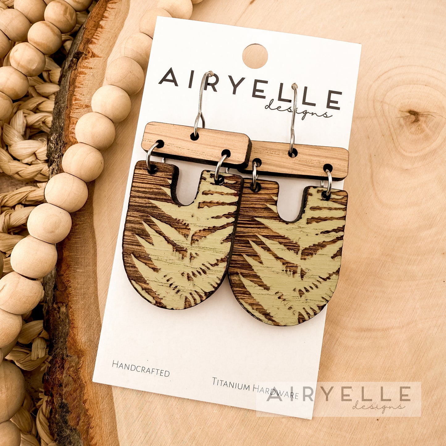 Fern Imprint Style Wood Bar Scoop Earrings