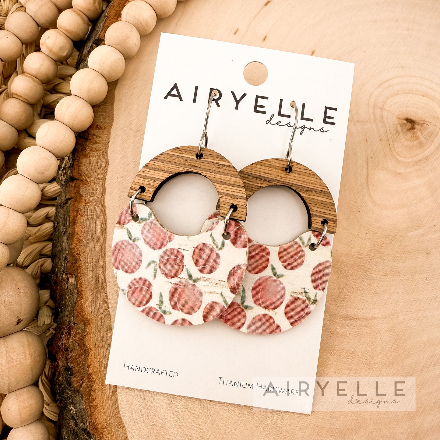 Watercolor Peaches Cork + Leather Wood Scoop Earrings
