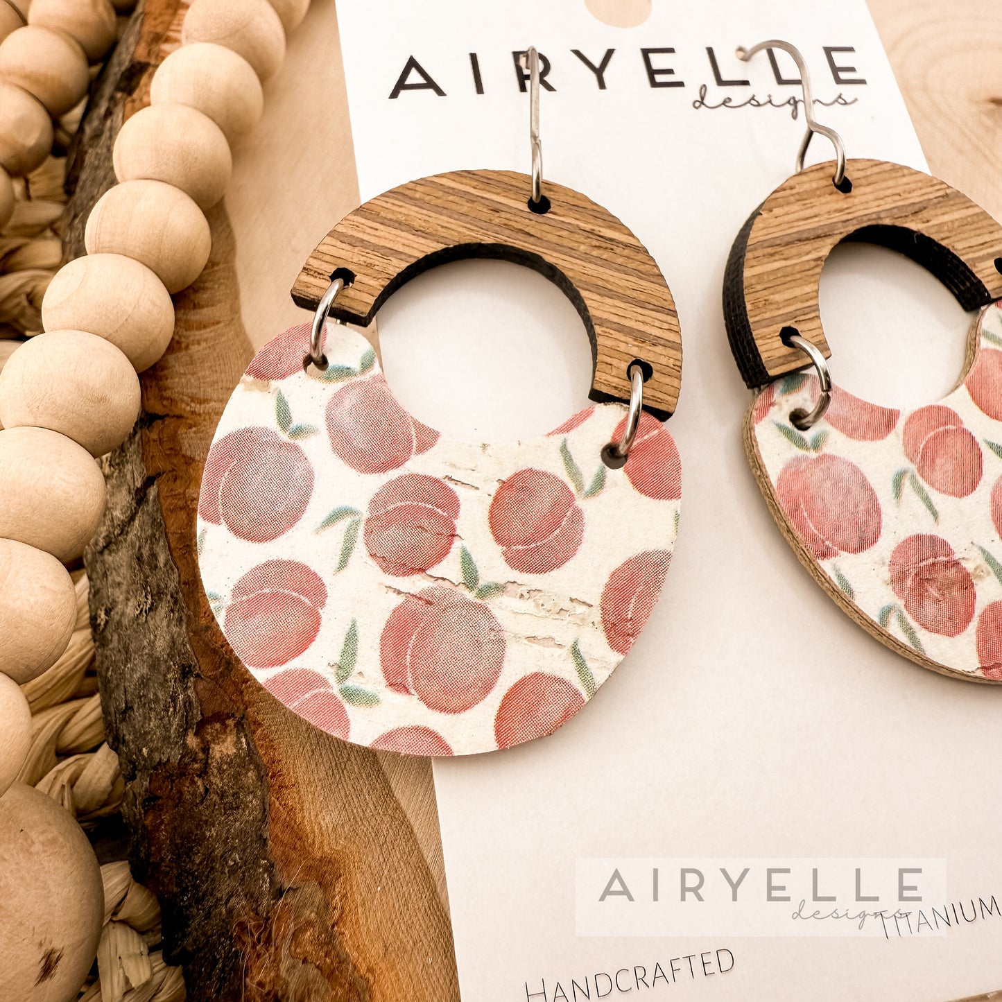 Watercolor Peaches Cork + Leather Wood Scoop Earrings