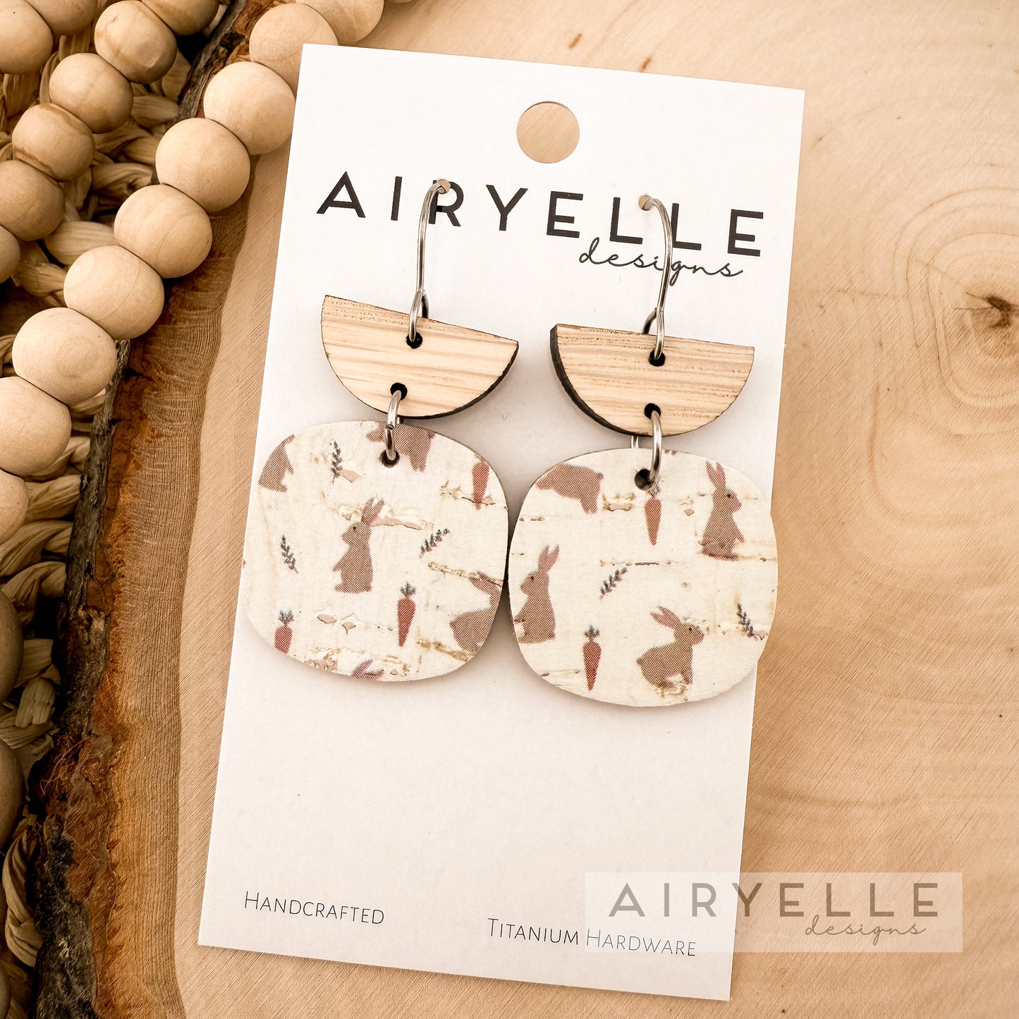 Easter Bunny Square Cork + Leather Wood Earrings
