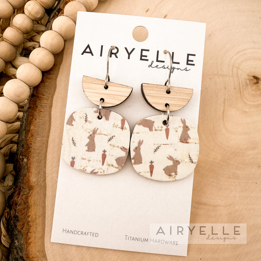 Easter Bunny Square Cork + Leather Wood Earrings