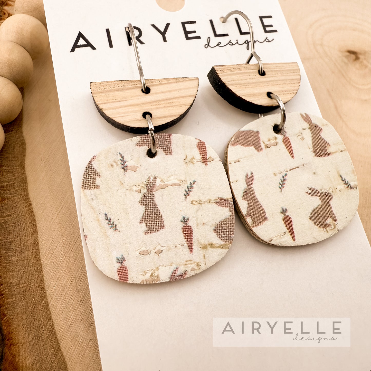 Easter Bunny Square Cork + Leather Wood Earrings