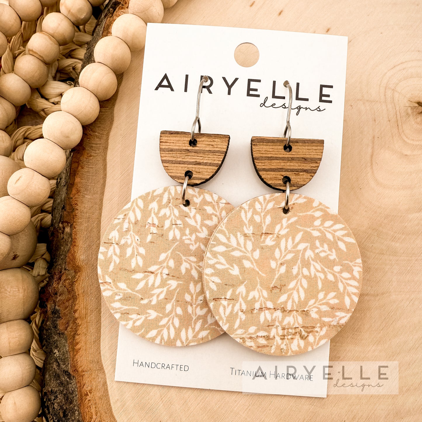 Golden Grove Round Cork + Leather Wood Earrings