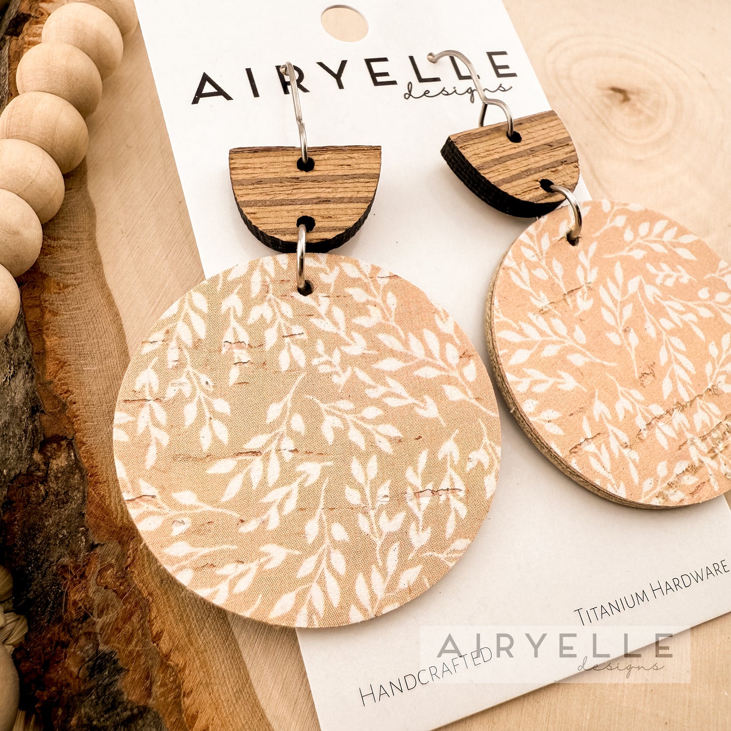 Golden Grove Round Cork + Leather Wood Earrings