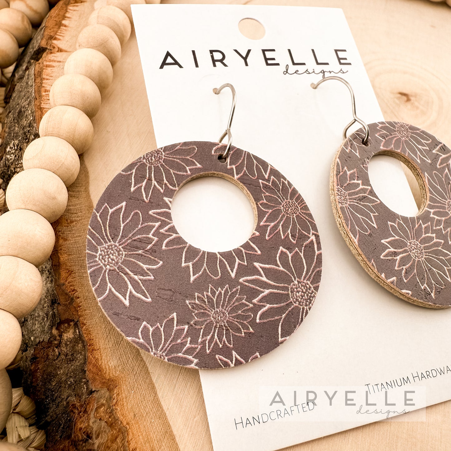 Midnight Sunflowers Cork + Leather Hoop Earrings