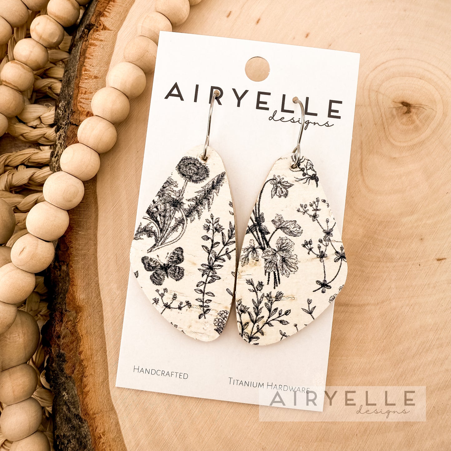 Vintage Botanical Oblong Bar Cork + Leather Earrings