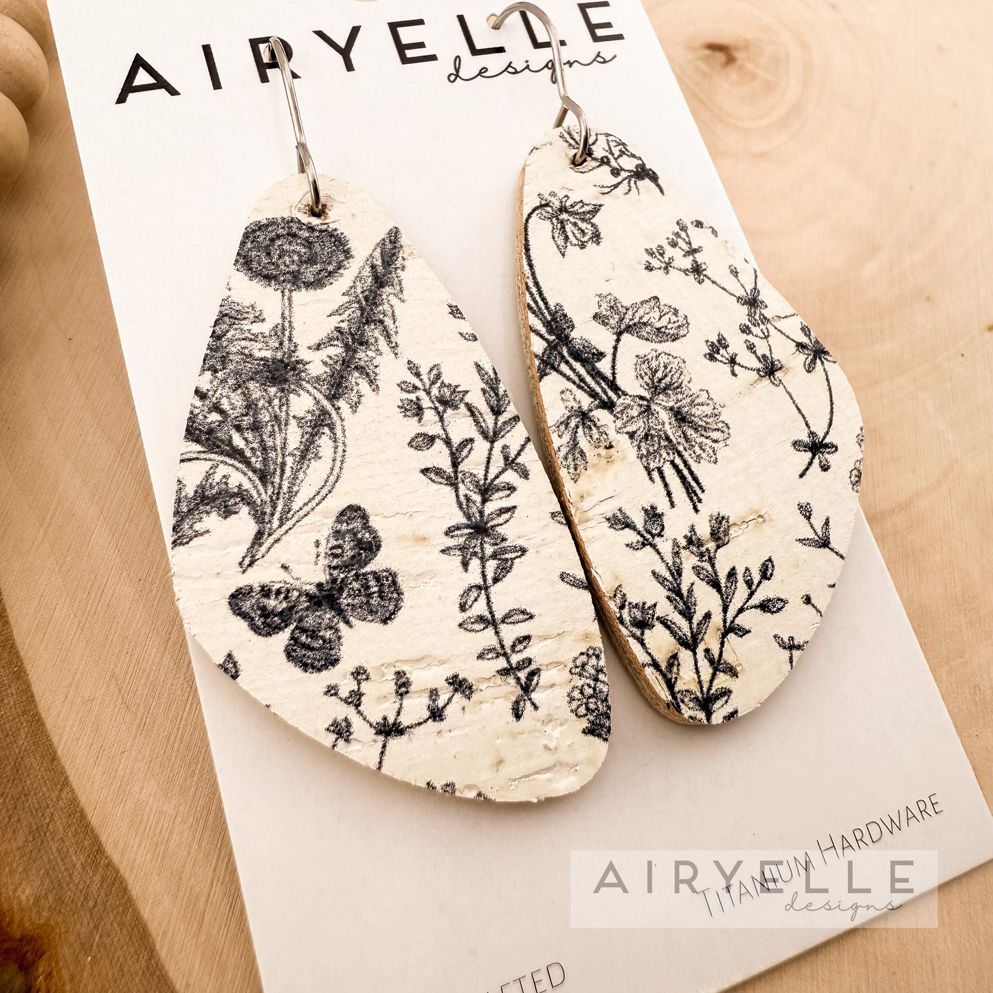 Vintage Botanical Oblong Bar Cork + Leather Earrings