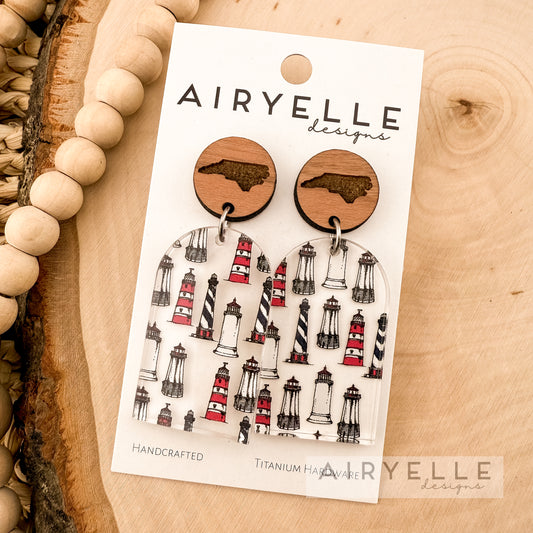 NC Lighthouse Clear Acrylic + Wood Arch Earrings