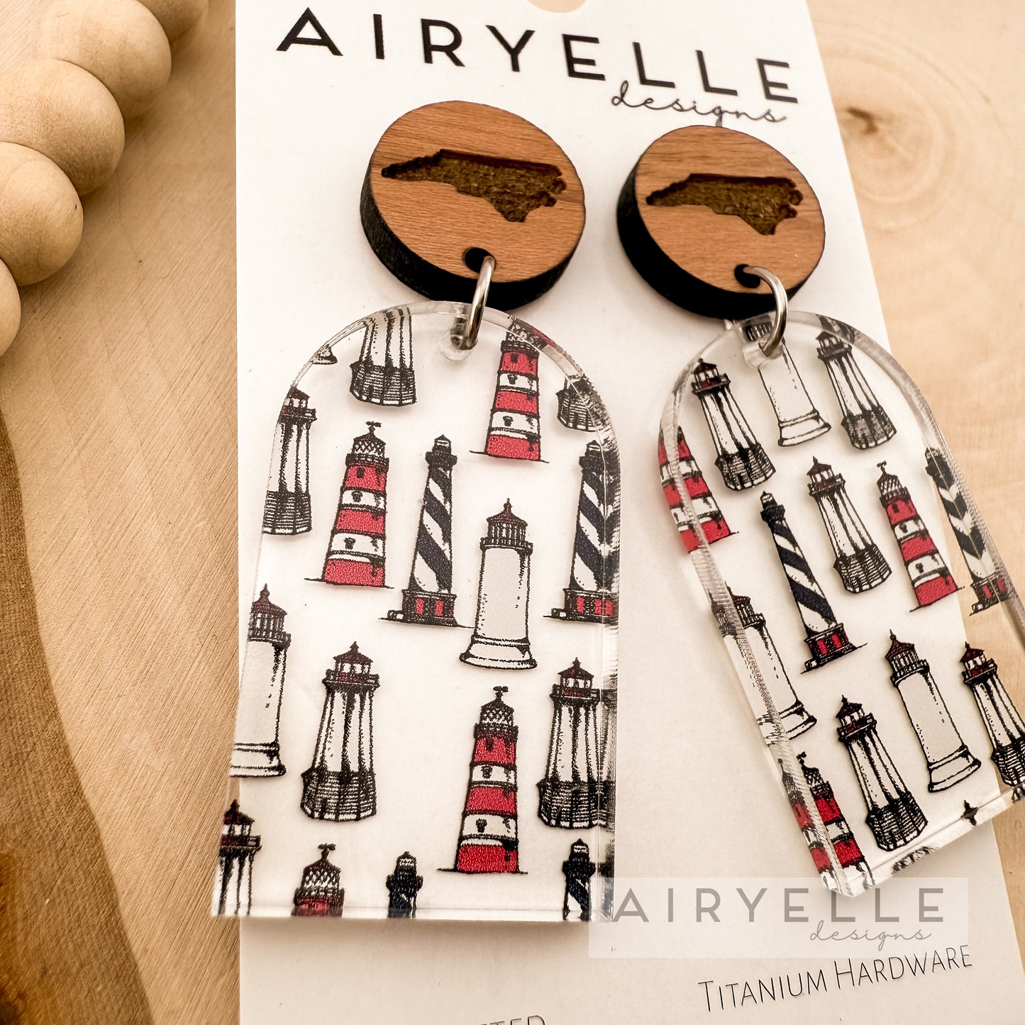 NC Lighthouse Clear Acrylic + Wood Arch Earrings