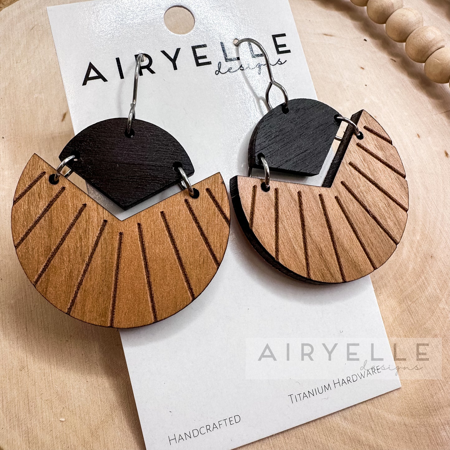 Round Angled Walnut + Black Wood Dangle Earrings - Titanium for Sensitive Ears