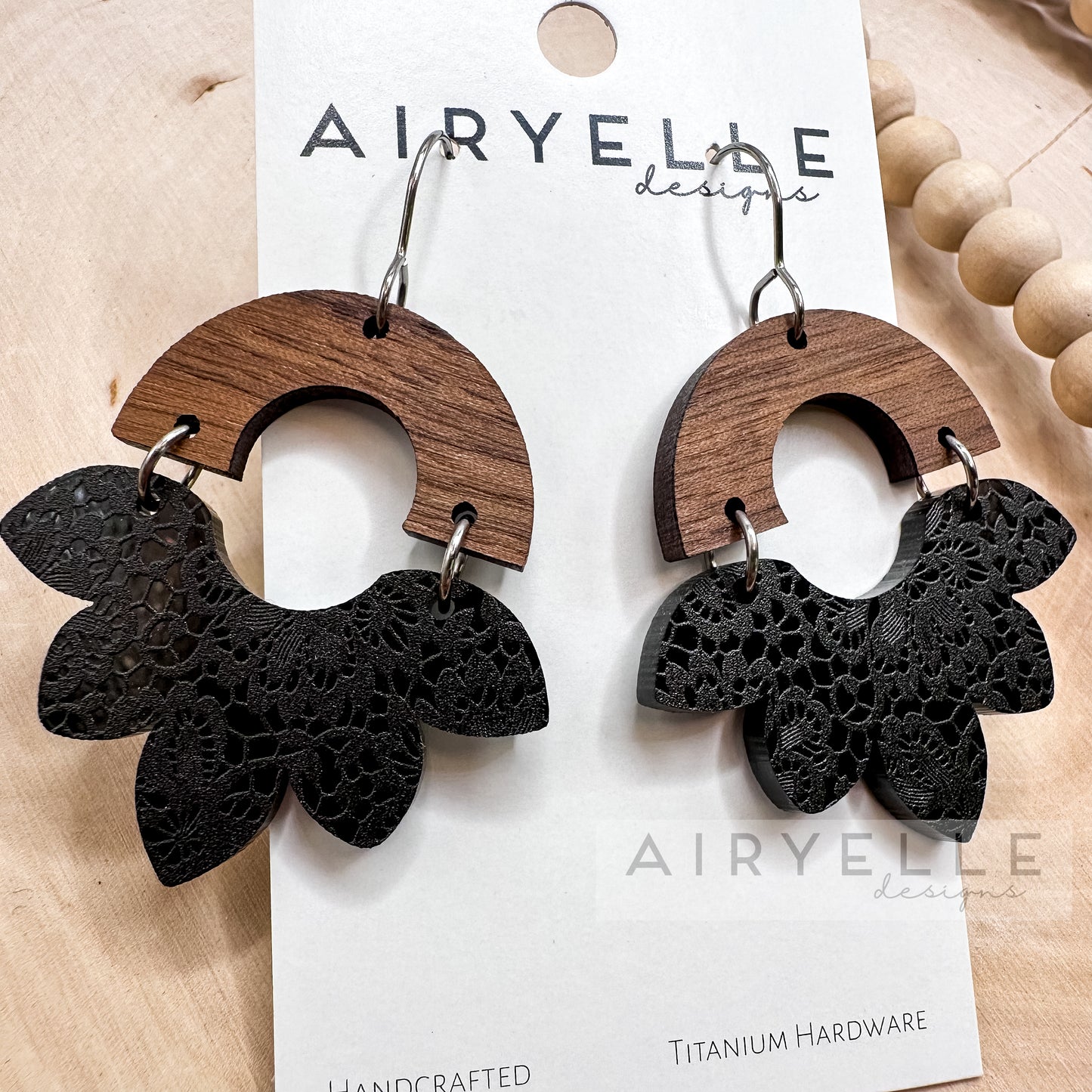 Black Lace Scallop Acrylic + Wood Arch Earrings