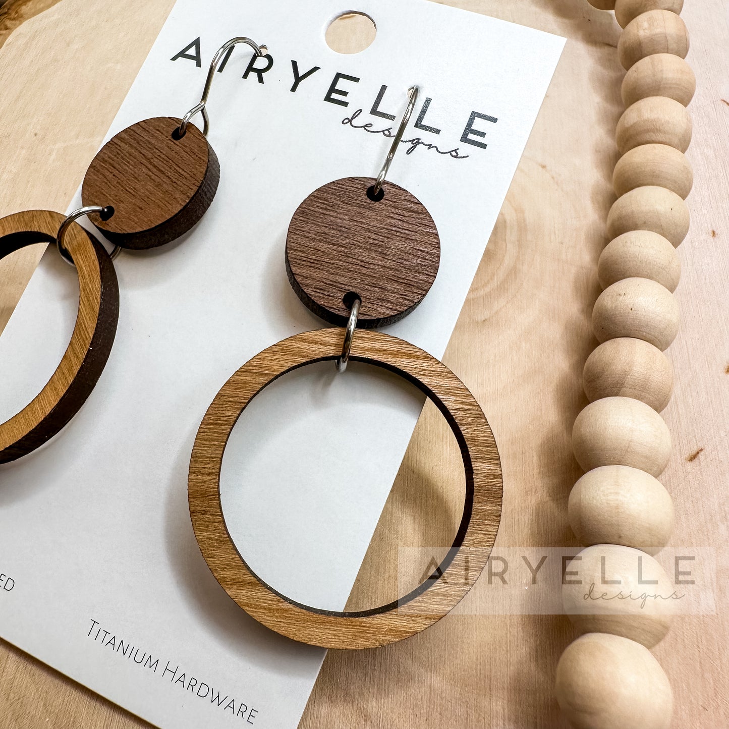 Round Cut Out Wood Hoop Earrings - Titanium for Sensitive Ears