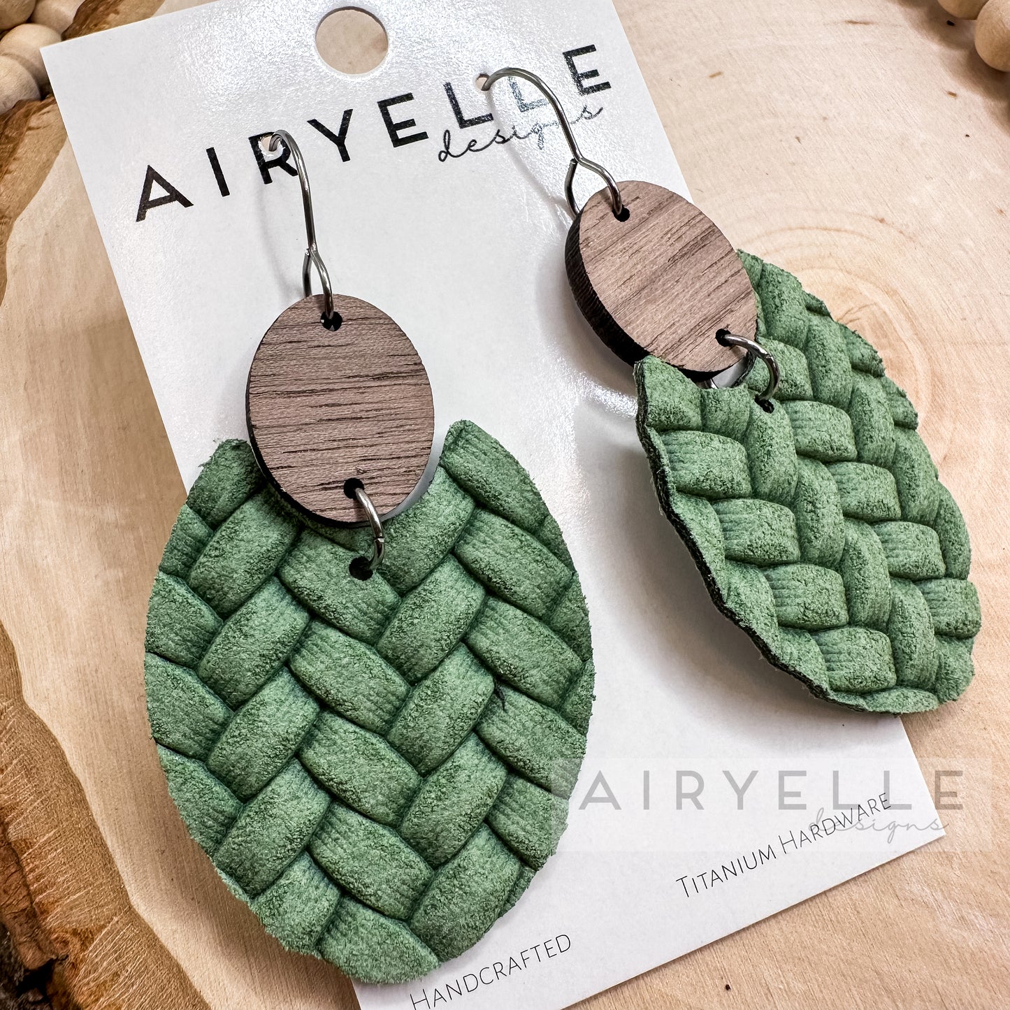 Sage Box Braid Wood + Leather Scoop Earrings
