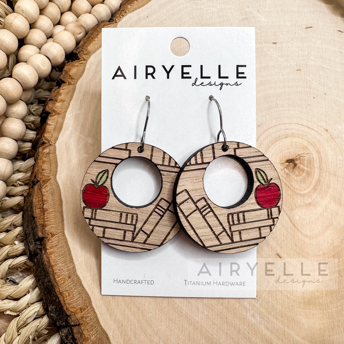 Teacher Apple White Oak Hoop Earrings
