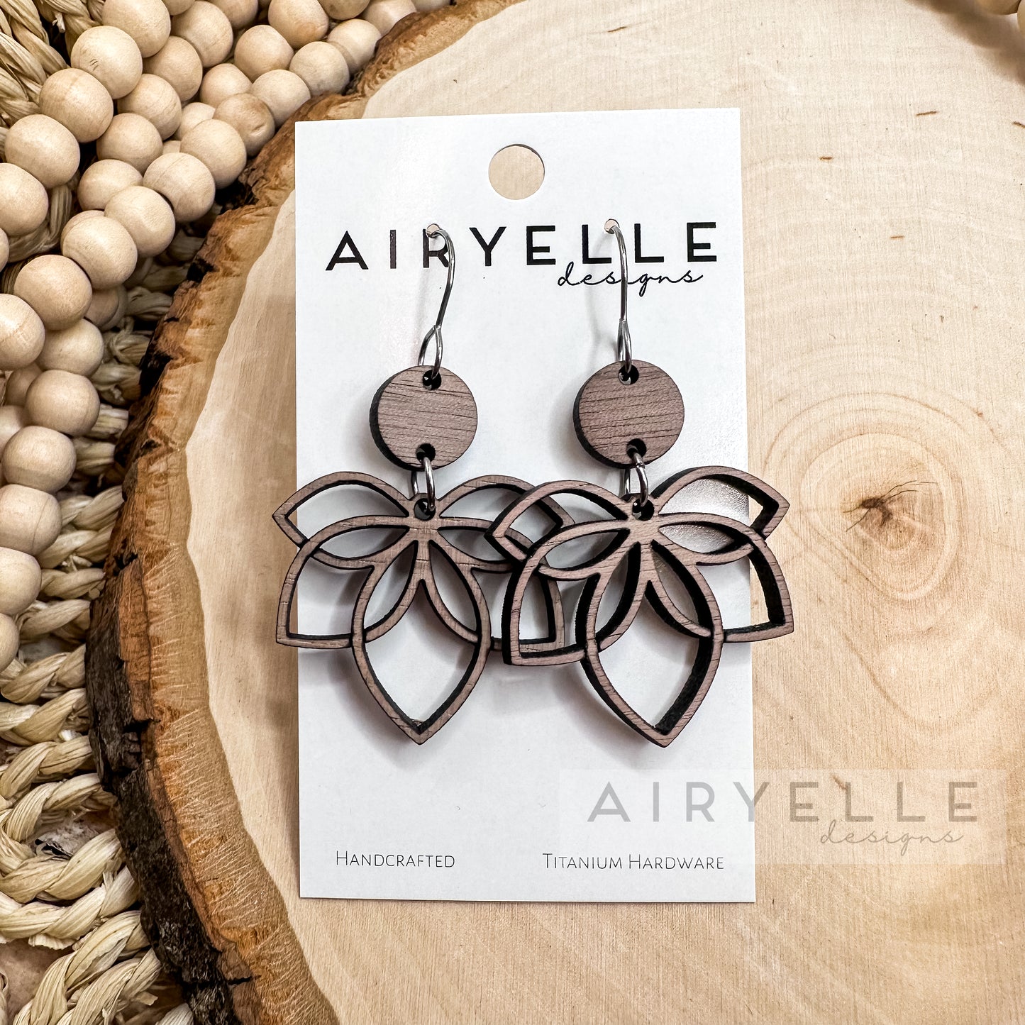 Lotus Flower Cut Out Wood Earrings