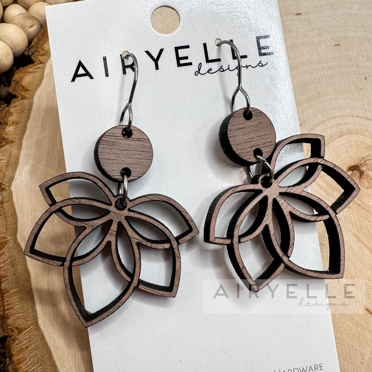 Lotus Flower Cut Out Wood Earrings